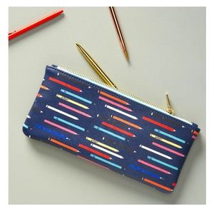 Anthropologie Pencil Pouch Colloquial Zip Case 9x4 Navy Rainbow